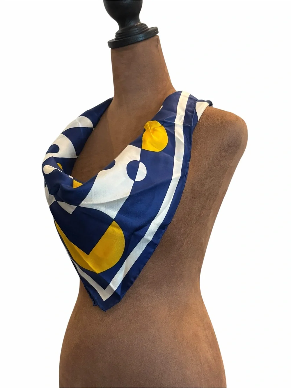 Silk Scarf Hand Rolled Edges 26” Blue Yellow White Geometric Dots STAINS Italy
